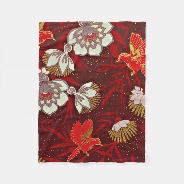 Burgundy Red Gold Bird Flowers Glitter Fleece Blanket (Front)
