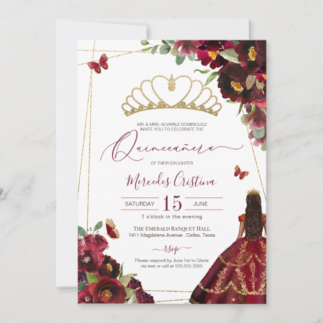 Burgundy Red Gold Butterflies Quince Gown Birthday Invitation (Front)
