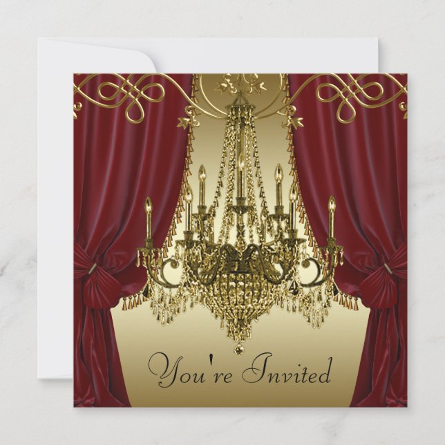 Burgundy Red Gold Chandelier Party Invitations (Front)