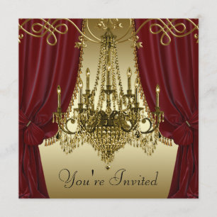 Burgundy Red Gold Chandelier Party Invitations