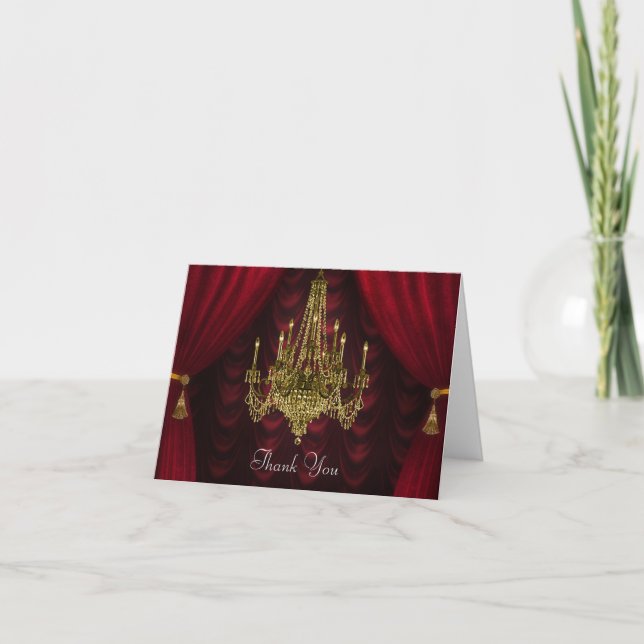 Burgundy Red Gold Chandelier Thank You Cards (Front)