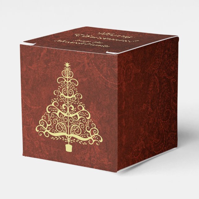 Burgundy Red Gold Christmas Tree Personalised Favour Box (Front Side)