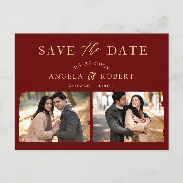 Burgundy Red Gold Classy 2 Photo Save the Date Postcard (Front)