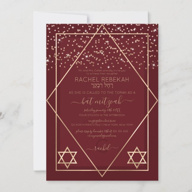 Burgundy Red Gold Confetti Border Bat Mitzvah Invitation (Front)