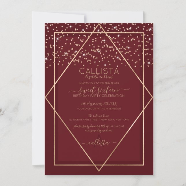 Burgundy Red Gold Confetti Border Sweet 16 Invitation (Front)