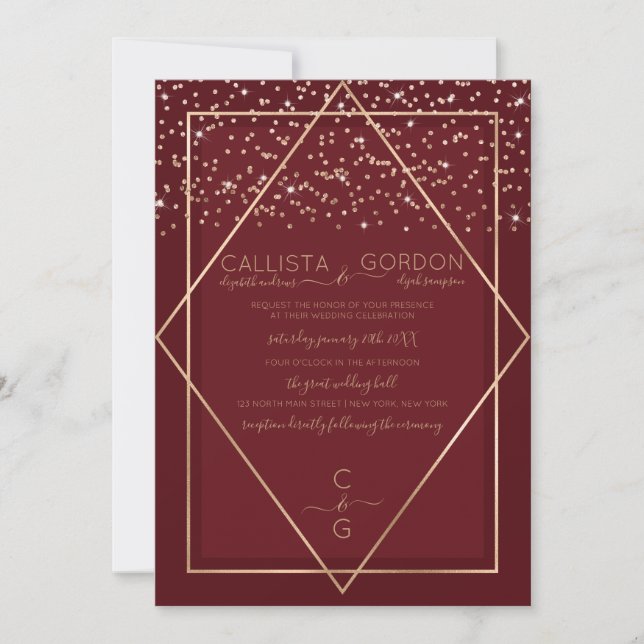 Burgundy Red Gold Confetti Geo Border Wedding Invitation (Front)