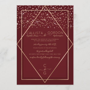 Burgundy Red Gold Confetti Geo Border Wedding Invitation