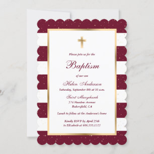 Burgundy Red Gold Cross Striped Girl Baptism Invitation