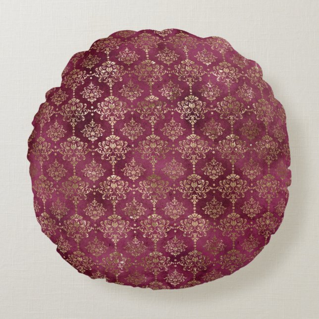 Burgundy Red Gold Damask Round Cushion (Front)