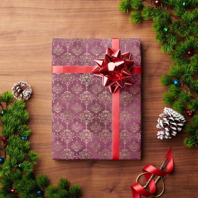 Burgundy Red Gold Damask Wrapping Paper (Holiday Gift)