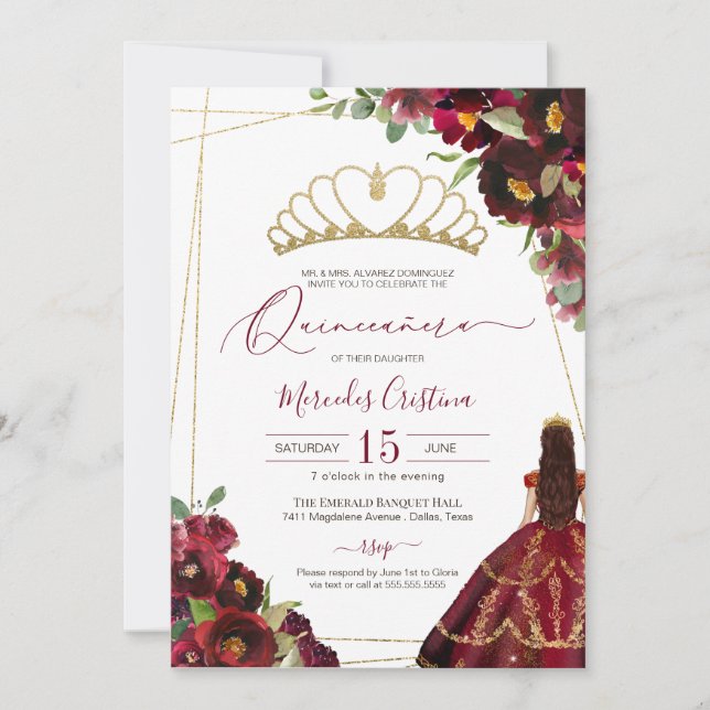 Burgundy Red Gold Elegant Floral Quince Birthday Invitation (Front)
