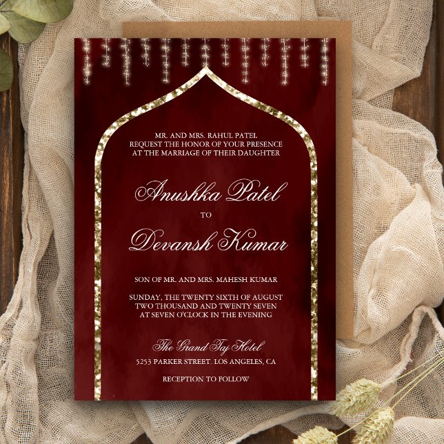 Burgundy Red Gold Ethnic Indian Arch Wedding Invit Invitation (Creator Uploaded)