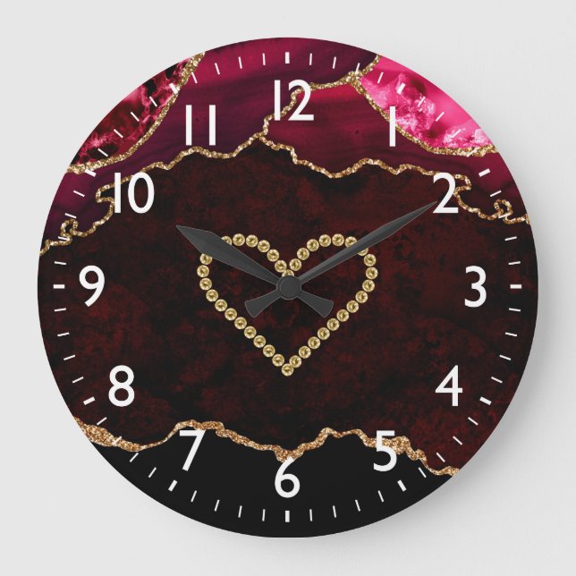 Burgundy Red & Gold Faux Glitter Agate & Heart Large Clock (Front)