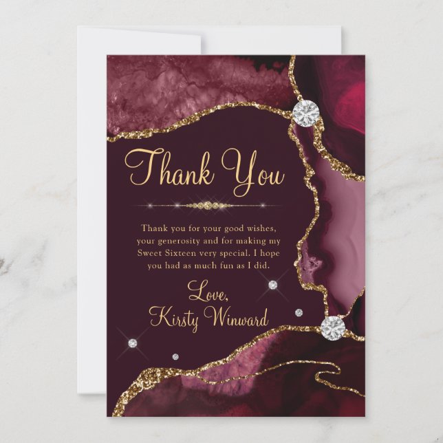 Burgundy Red & Gold Faux Glitter Agate Sweet 16 Thank You Card (Front)