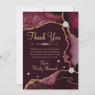 Burgundy Red & Gold Faux Glitter Agate Sweet 16 Thank You Card