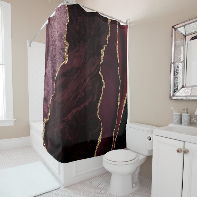 Burgundy Red & Gold Faux Glitter Marble Agate Shower Curtain (In Situ)