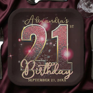 Burgundy Red Gold Faux Sequin 21st Birthday Party Paper Plate