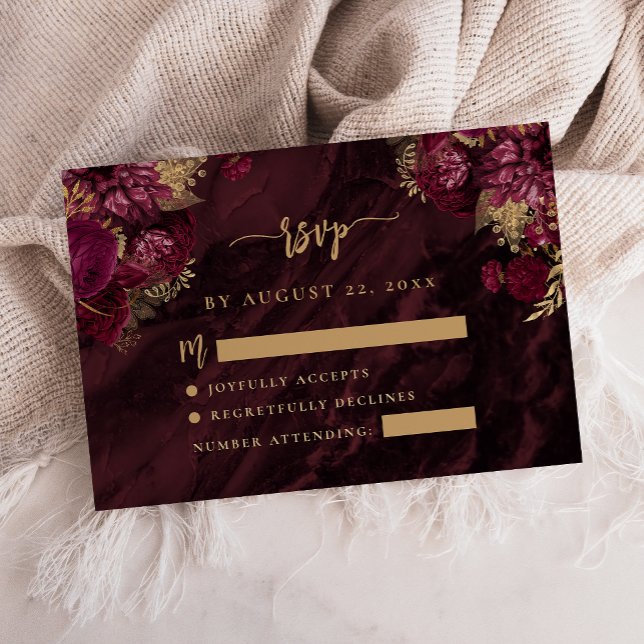 Burgundy Red Gold Floral Agate Script Wedding RSVP Enclosure Card (Creator Uploaded)