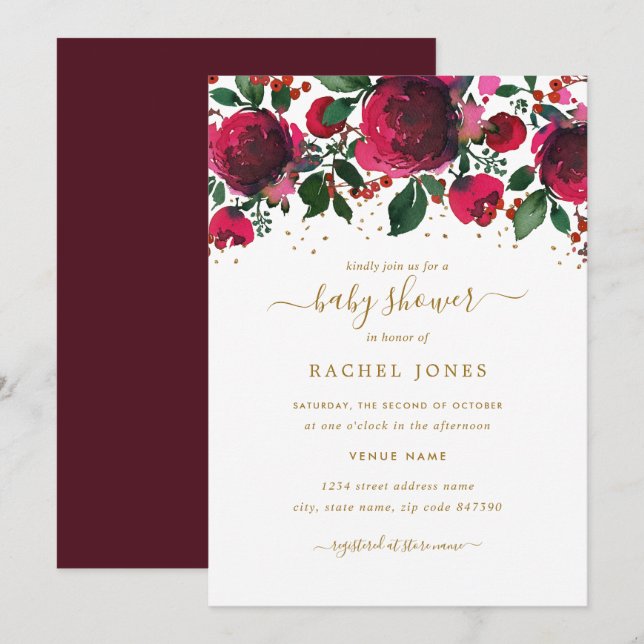 Burgundy Red Gold Floral Baby Shower Invitation (Front/Back)