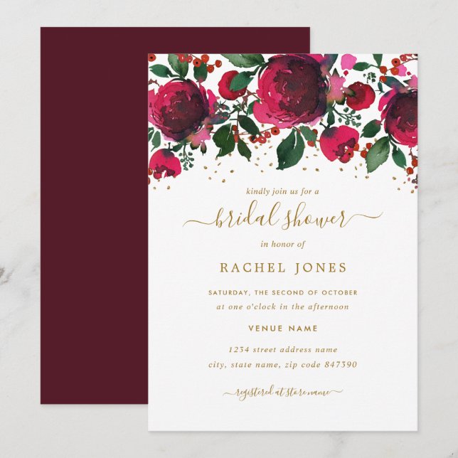 Burgundy Red Gold Floral Bridal Shower Invitation (Front/Back)