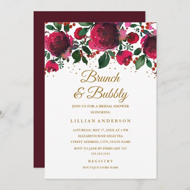 Burgundy Red Gold Floral Brunch And Bubbly Invitation (Front/Back)