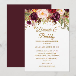Burgundy Red Gold Floral Brunch And Bubbly Invitation