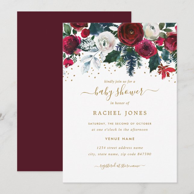 Burgundy Red Gold Floral Christmas Baby Shower Invitation (Front/Back)