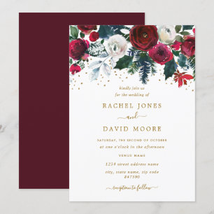 Burgundy Red Gold Floral Christmas Wedding Invitation