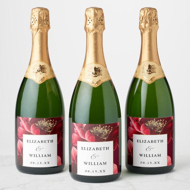 Burgundy Red Gold Floral Elegant Modern Wedding Sparkling Wine Label (Bottles)