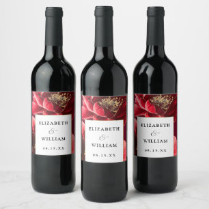 Burgundy Red Gold Floral Elegant Modern Wedding Wine Label