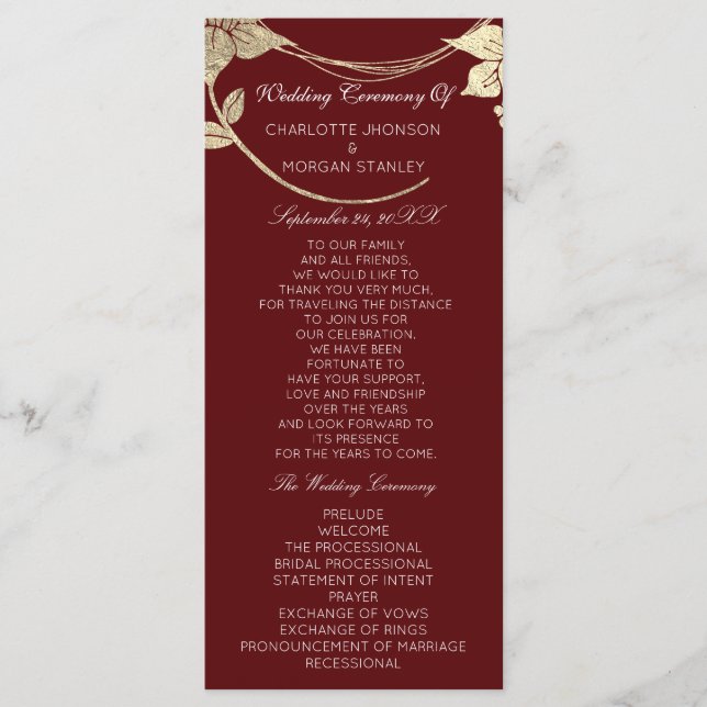 Burgundy Red  Gold Floral Event Wedding Program1 Programme (Front)