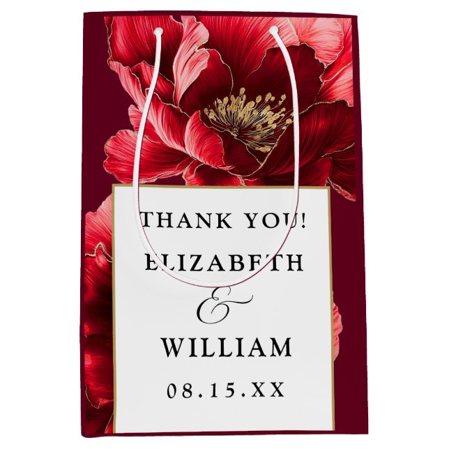 Burgundy Red Gold Floral Modern Wedding Thank You Medium Gift Bag (Front)