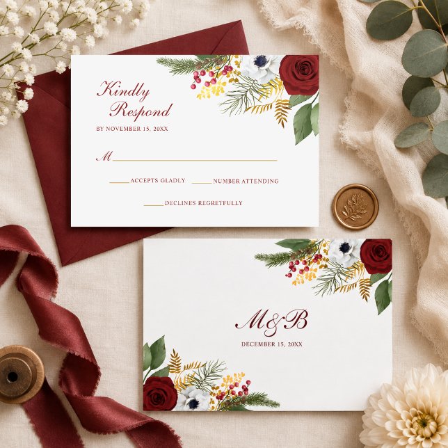Burgundy Red & Gold Floral Monogram Script Wedding RSVP Card (Creator Uploaded)