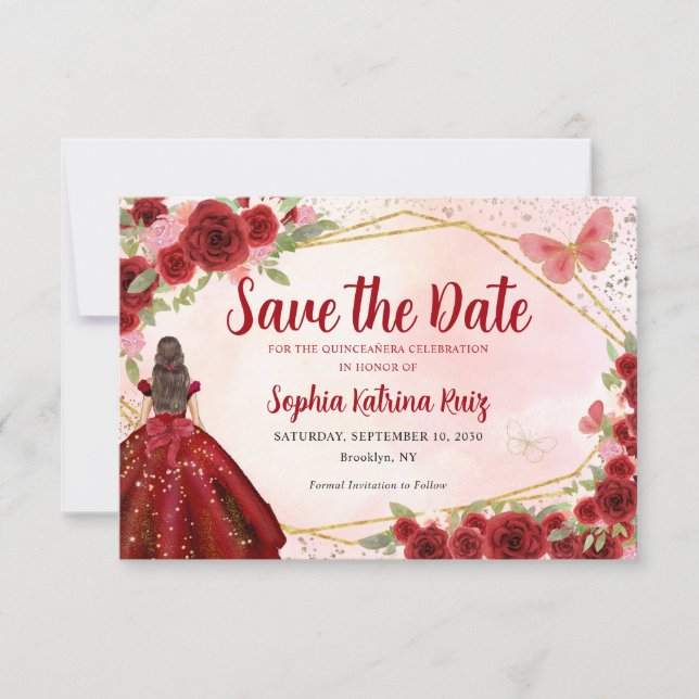 Burgundy Red Gold Floral Princess Quinceañera Save The Date (Front)