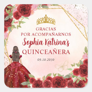 Burgundy Red Gold Floral Princess Tiara Thank You Square Sticker
