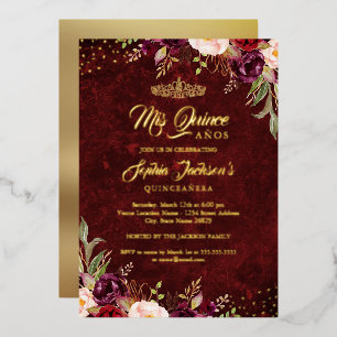 Burgundy Red Gold Floral Quinceanera 