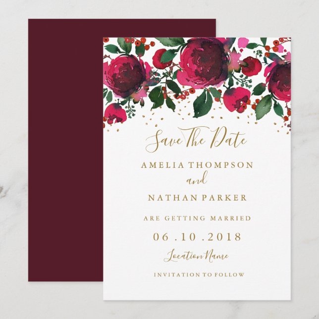 Burgundy Red Gold Floral Save The Date Invitation (Front/Back)