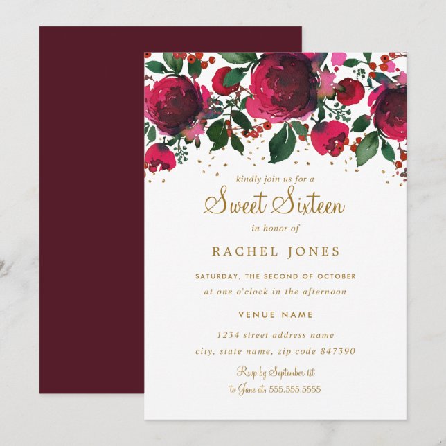 Burgundy Red Gold Floral Sweet Sixteen Birthday Invitation (Front/Back)