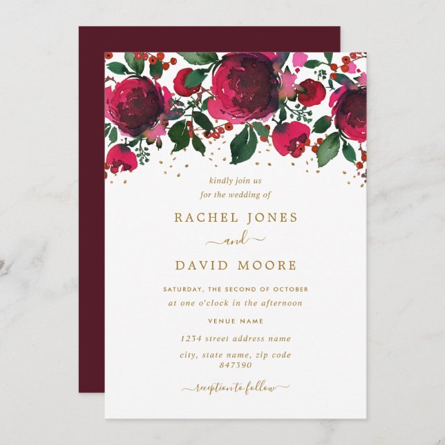 Burgundy Red Gold Floral Wedding Invitation (Front/Back)
