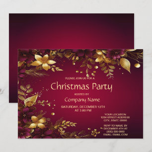 Burgundy Red Gold Flowers Christmas Party Invitation