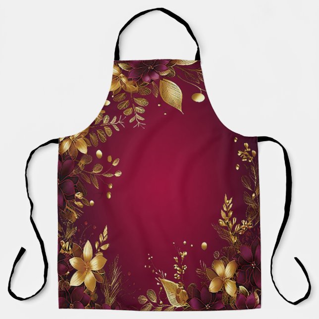 Burgundy Red Gold Flowers Holiday Apron (Front)