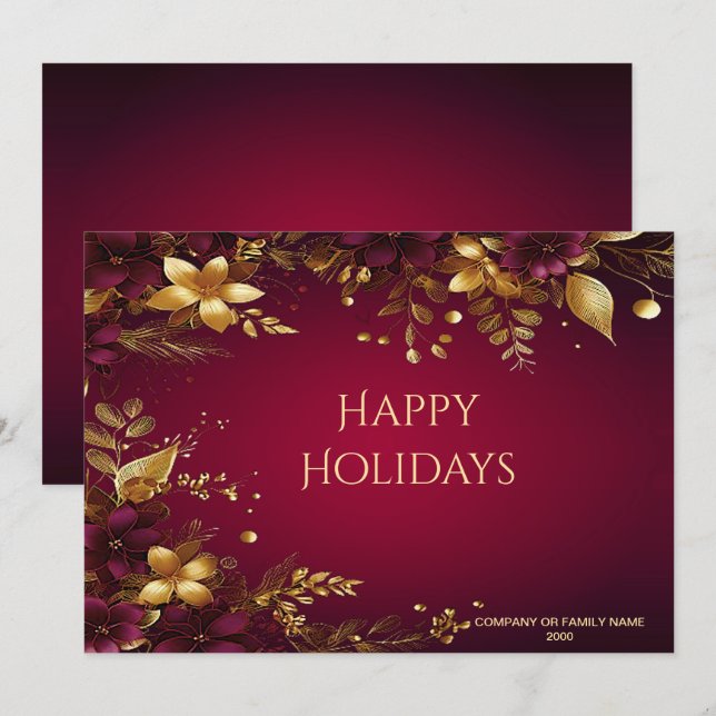 Burgundy Red Gold Flowers Holiday Card (Front/Back)