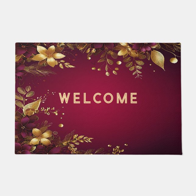 Burgundy Red Gold Flowers Holiday Doormat (Front)