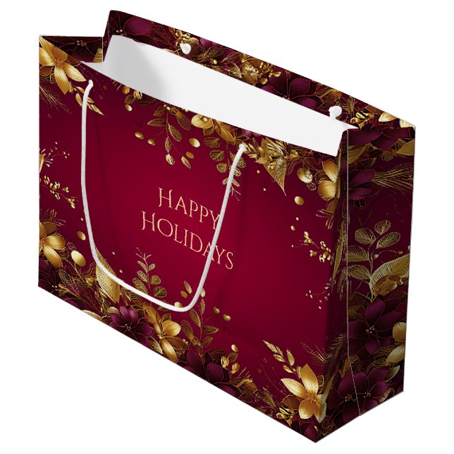 Burgundy Red Gold Flowers Holiday Gift Bag (Front Angled)