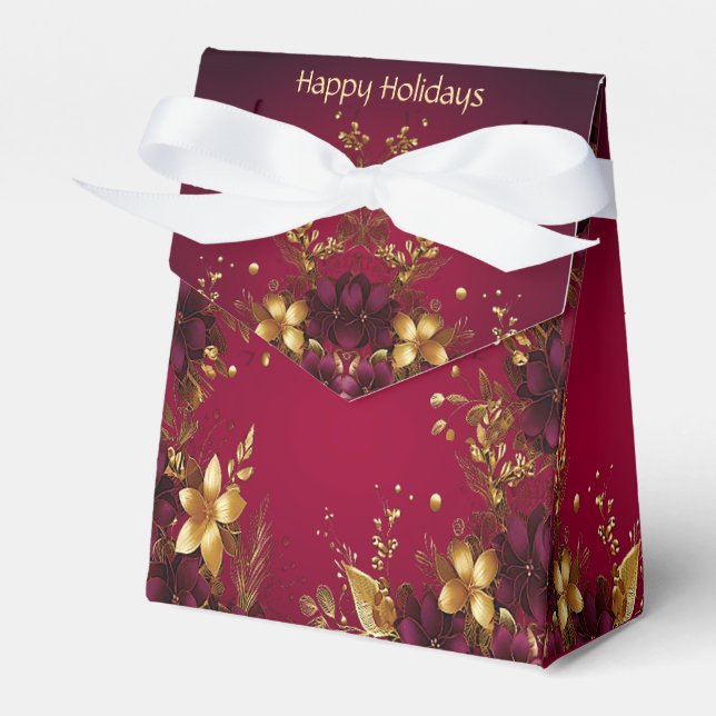 Burgundy Red Gold Flowers Holiday Gift Box (Front Side)