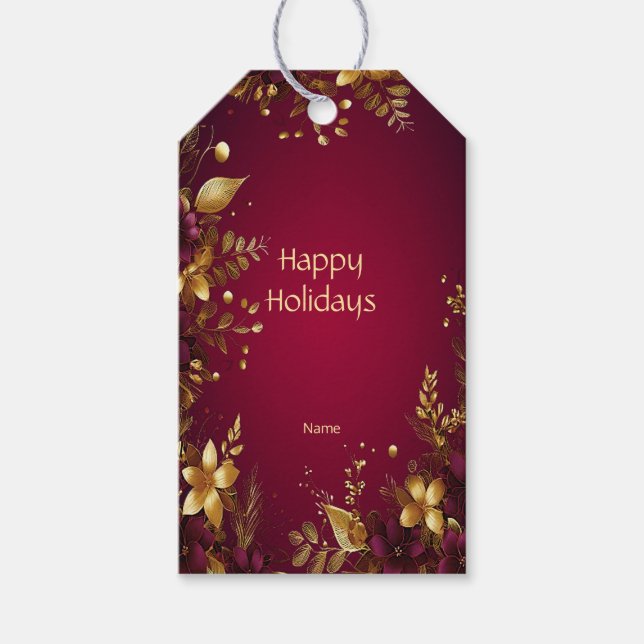 Burgundy Red Gold Flowers Holiday Gift Tag (Front)