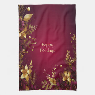 Burgundy Red Gold Flowers Holiday Kitchen Towel
