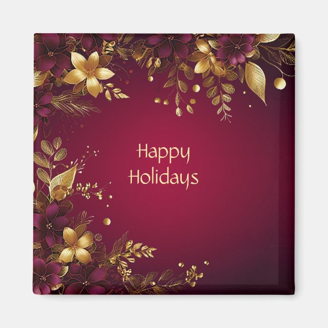 Burgundy Red Gold Flowers Holiday Magnet (Front)