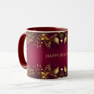 Burgundy Red Gold Flowers Holiday Mug