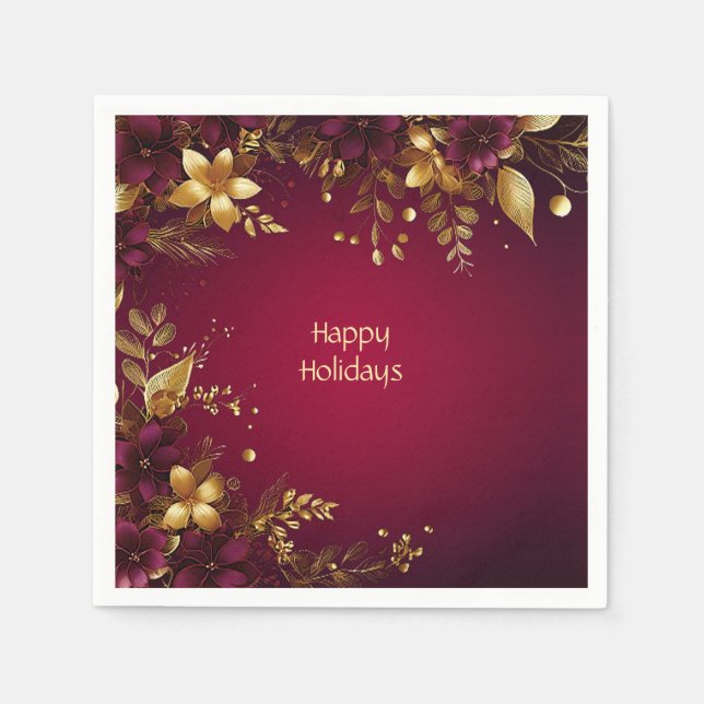Burgundy Red Gold Flowers Holiday Napkin (Front)